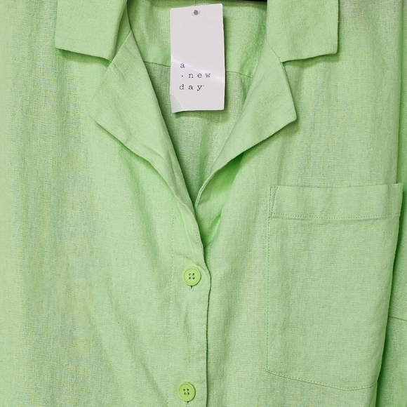 A New Day Women's Linen Short Sleeve Button-Down Camp Shirt Front Pocket, Green - Picture 5 of 9